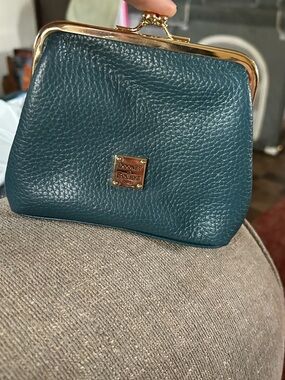 Dooney & Bourke Teal Pebbled Leather Kiss-Lock Cosmetic Pouch with Gold Hardware